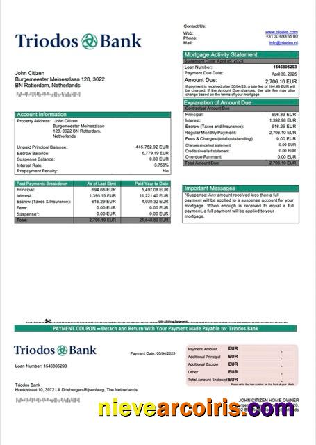 Netherlands Triodos Bank mortgage statement Word and PDF template